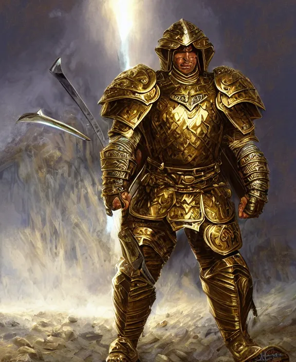 Image similar to strong warrior, fantasy, man, gilded shiny armour, contrast, holy, paladin, highly detailed, digital painting, artstation, concept art, wallpaper, smooth, sharp focus, illustration, illumination, raytracting, art by larry elmore, jeff easley, clyde waldwell, keith parkinson, daniel r horne