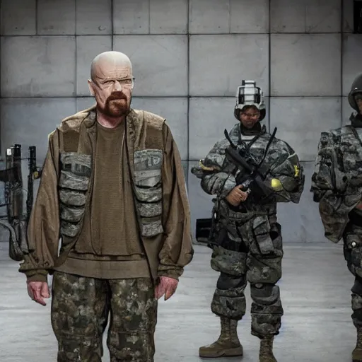 Image similar to Photo of Walter White wearing heavy modern military gear, highly detailed, 8k