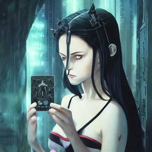 Image similar to precisely drawn illustration of anime wednesday addams tarot card, wide angle, sharp, fine details, anime, manga, cyberpunk, realistic shaded lighting by katsuhiro otomo ghost-in-the-shell, magali villeneuve, artgerm, rutkowski Jeremy Lipkin and Giuseppe Dangelico Pino and Michael Garmash and Rob Rey