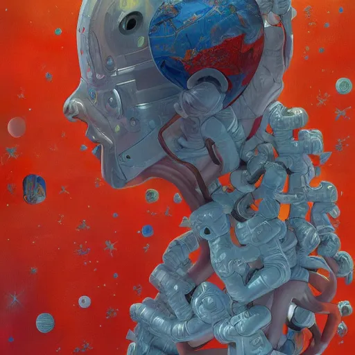 Prompt: oil painting of a humanoid lady lost in space, james jean