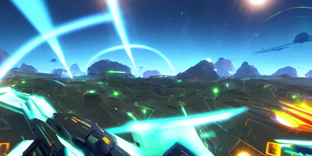 Image similar to screenshot of battlezone, videogame, vector, large mountains visible, axure sky, neon glow, lens flare