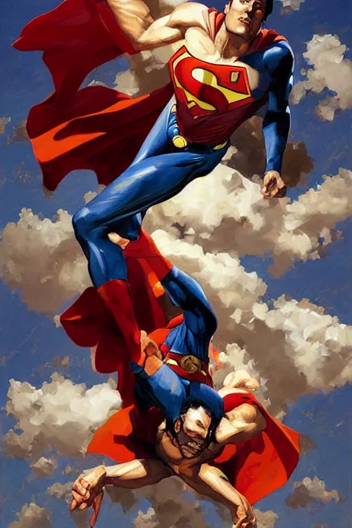 Image similar to superman vs homelander, painting by jc leyendecker!! phil hale!, angular, brush strokes, painterly, vintage, crisp