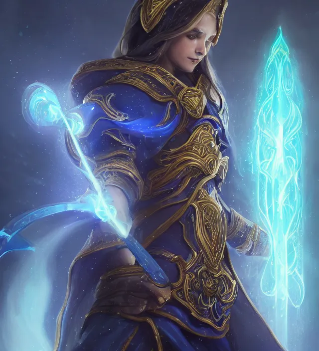 Image similar to Jaina Proudmore portrait, intricate arcane armor with glowing magical runes, flowing blue magical energy, subject in the middle of the frame, rule of thirds, golden ratio, elegant, digital painting, octane 4k render, zbrush, hyperrealistic, artstation, concept art, smooth, sharp focus, illustration from Warcraft by Ruan Jia and Mandy Jurgens and Artgerm and William-Adolphe Bouguerea