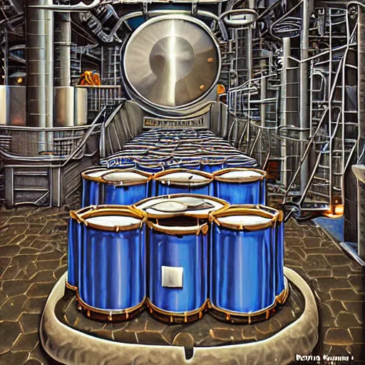 Prompt: drum kit in metal refinery by rob gonsalves