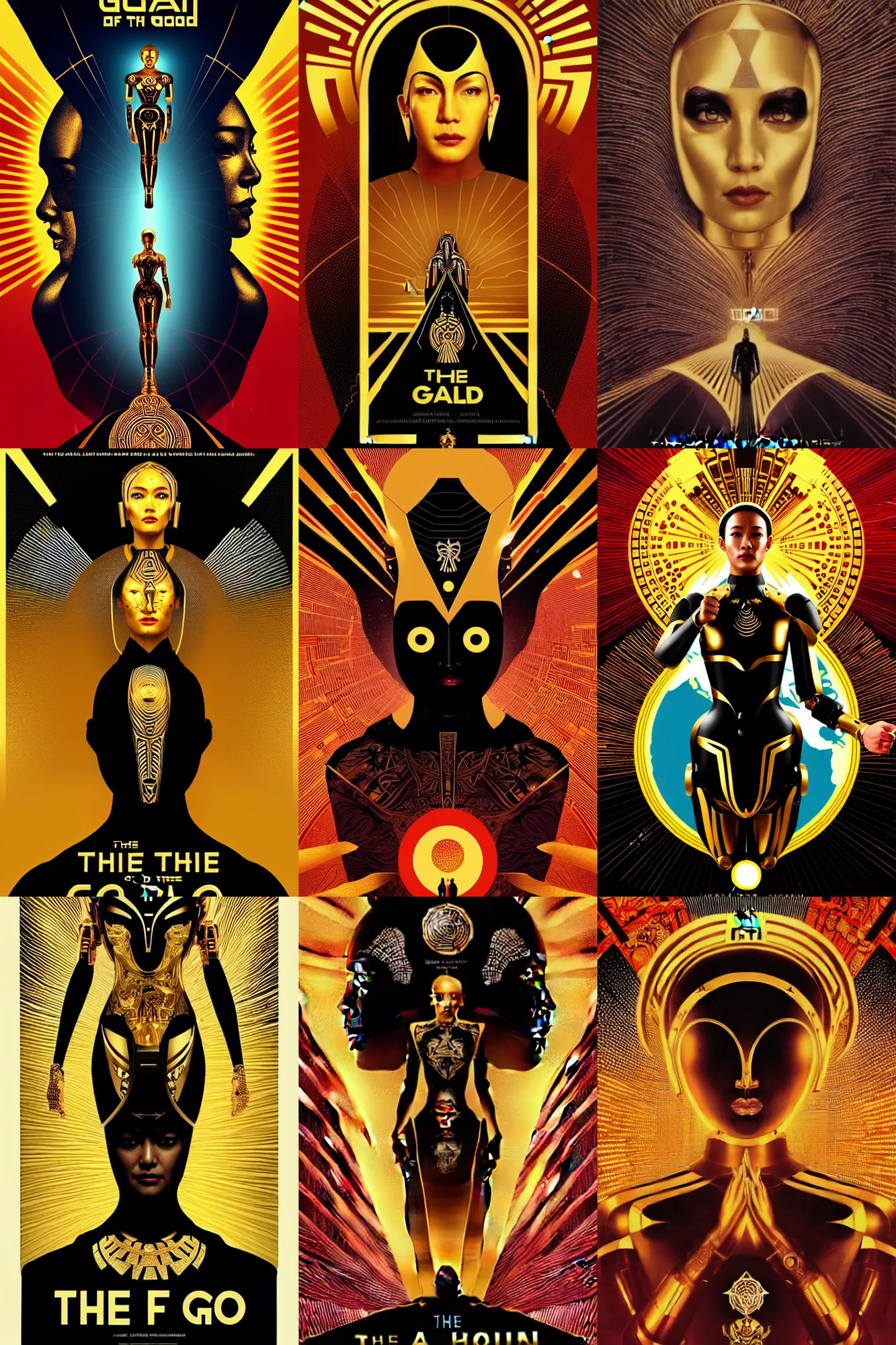 Prompt: the way of the ai god movie poster, golden roads by haza hadid, female cyborg, artstation, designed by shepard fairey and ashley woods