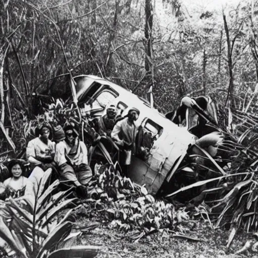 Prompt: a vintage photograph of a tribe living in a crashed airplane in a dense jungle