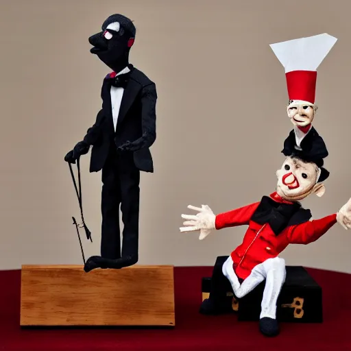 Image similar to mad puppeteer using marionette of a president in a podium