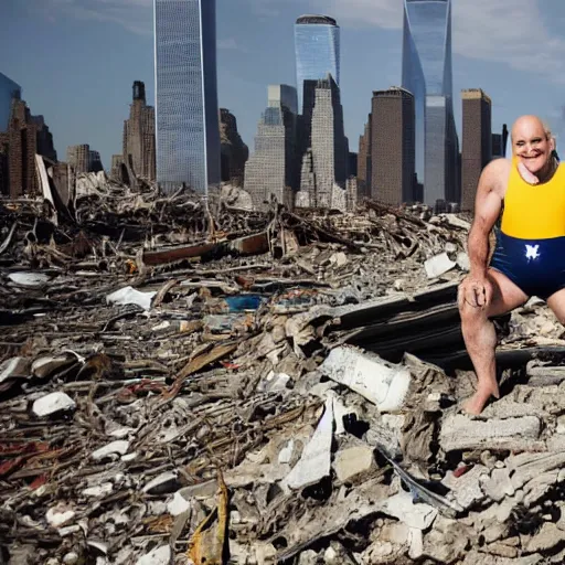 Image similar to a wide shot of a very drunk evil Rudy Giuliani squatting smiling wearing a yellow speedo on top of the world trade center rubble pile in new york