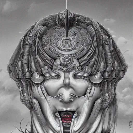 Prompt: naraka buddhist demon korean female, happy alien, high tech armor, tubular creature, blood vessels, no face, dystopian surrealism, alex ries zdzisław beksinski, symmetrical long head, smooth marble surfaces, smooth marble surfaces, detailed ink illustration, detailed ink illustration, raiden metal gear, cinematic smooth stone, deep aesthetic