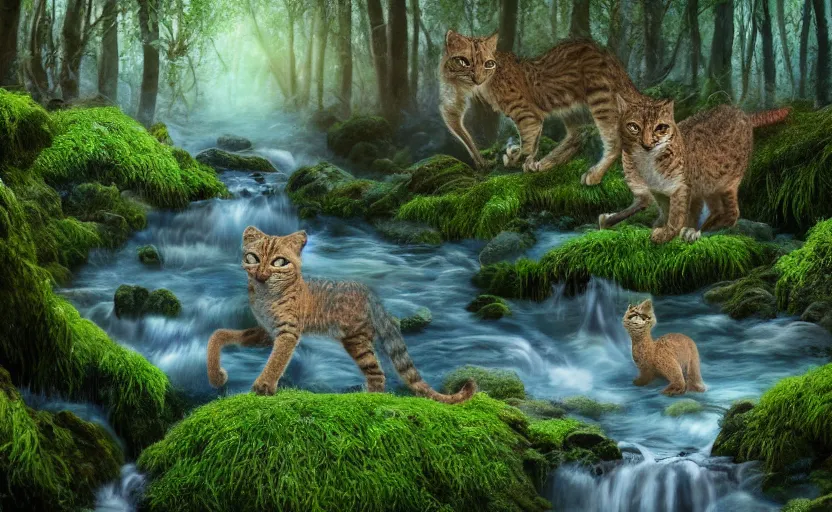 Image similar to wild cats in a clear water stream in a mossy fantastical forest, digital art, trending on artstation