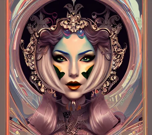 Image similar to beautiful female character inspired by venice carnival and pop art bounty hunter | | digital artwork made by greg rutswork, anna dittmann and lois van barlee, symmetrical rim light, anatomically correct