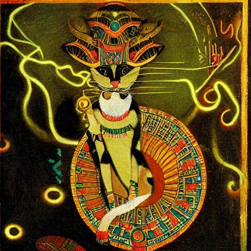 Image similar to egyptian cat god in the style of bosch, surrounded by green flames, gatekeeper of the underworld