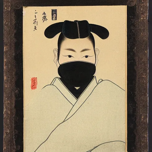 Image similar to portrait of young man wearing black medical mask, style of katsushika oi