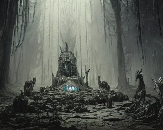 Image similar to king of the wolves - fantasy, inside the king's hall wolves and their treasures, ethereal, ominous, misty, 8 k, by h. r. giger and greg rutkowski