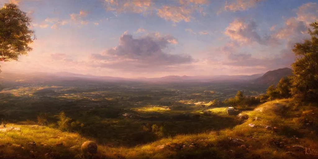 Image similar to a breathtaking landscape from a hilltop, cinematic lighting, detailed oil painting, hyperrealistic, 8k