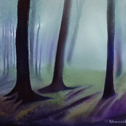 Prompt: watercolor painting of a forest in the fog by the ocean, dramatic lighting, peaceful