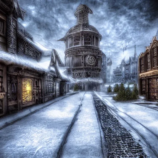 Prompt: frozen steampunk city, hyper realistic photograph