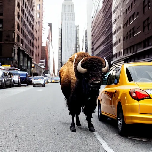 Image similar to photo of a bison, in a New York street, cars, buildings, 50mm, beautiful photo,