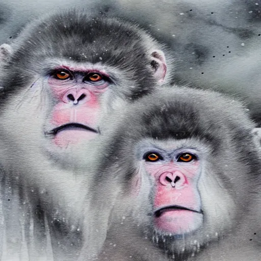 Image similar to portrait of snow monkeys, highly detailed, snow flurry, cold, steamy, desaturated, ultrarealistic, inquisitive, striking, contemplative, watercolor (dry brush)