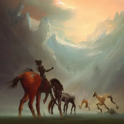Image similar to several horses in a field, sci-fi, trending on artstation, artwork by Peter Mohrbacher