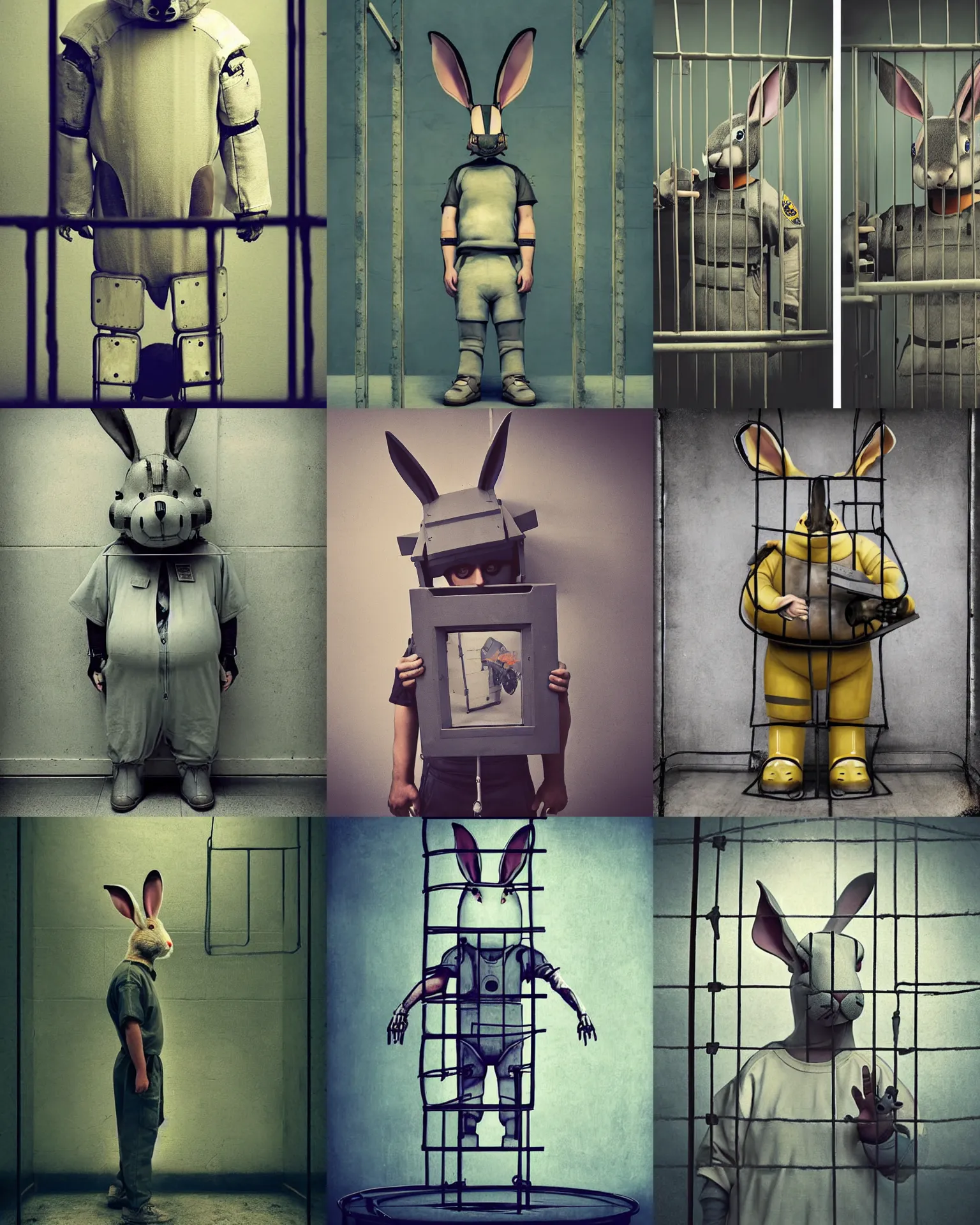 Prompt: prison inmate !!!giant oversized battle rabbit robot chubby mech with big ears , behind bars in prison!!! , full body , prison outfit, Cinematic focus, Polaroid photo, vintage , neutral dull colors, soft lights, foggy , by oleg oprisco , by victor enrich , by gregory crewdson , by discovery channel , by most wanted