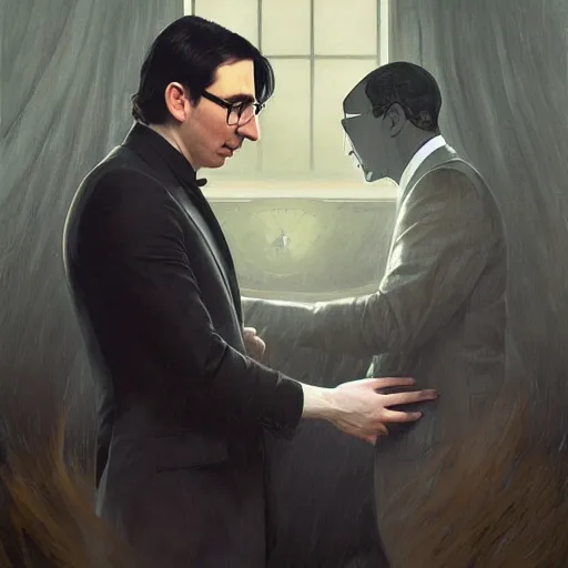 Image similar to painting of both john oliver and adam driver together, john oliver in front, full body, elegant, beautiful, highly detailed, centered, dark, smokey, digital painting, concept art, smooth, sharp focus, illustration, deviant art, art by artgerm, art by greg rutkowski, art by alphonse mucha