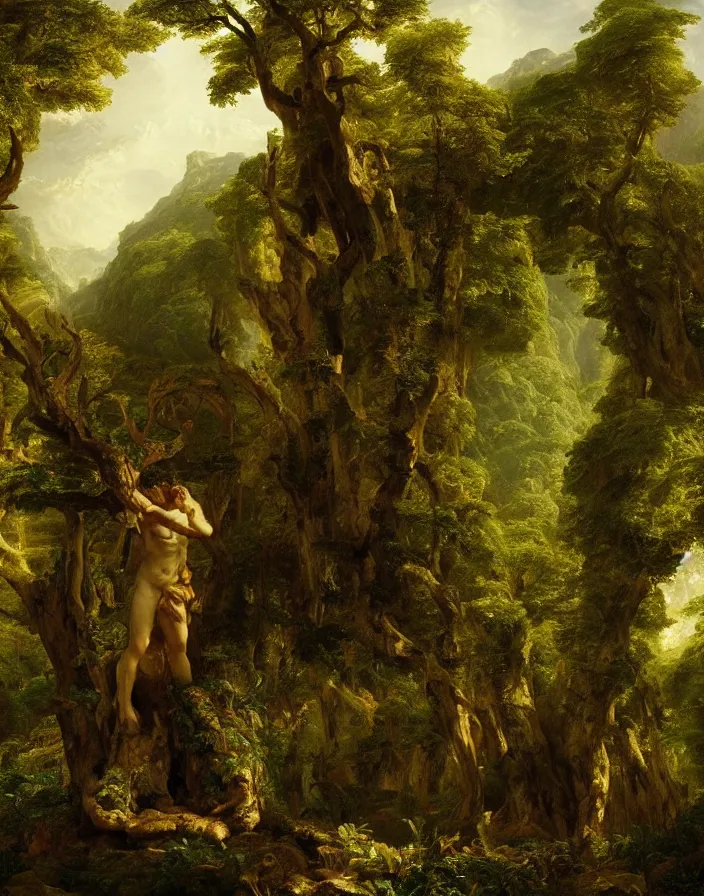 Image similar to an big ancient greek statue lost in a gigantic forest by thomas cole, painting, cinematography, epic lighting,