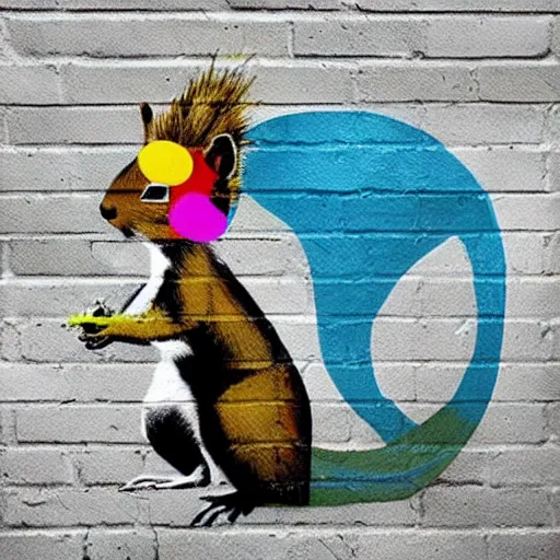 Image similar to Cool looking squirrel with a styled colorful mohican haircut, wall art, by Banksy, masterpiece, award-winning, hyperdetailed, photorealistic