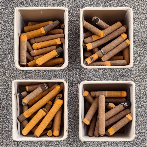 Prompt: composition of four square boxes different cigarette butts and ash