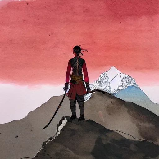 Image similar to painting of a lonesome warrior at the peak of himalayas, style of conrad roset