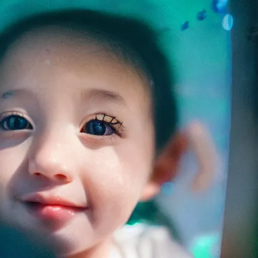 Image similar to closeup portrait of beautiful kid looking through a aquarium fish ball in a tent, mandarin fish, at night with neon lights, excitement, surprise, happiness, professional photoshoot, kodak portra, photographed in film, soft and detailed, realistic, bokeh