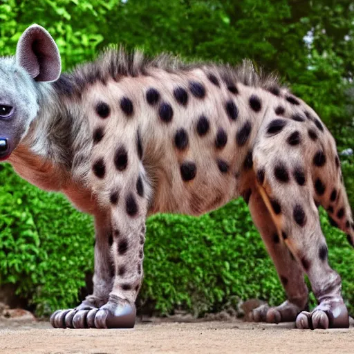 Image similar to hyena and robot hybrid, half robot half hyena, realistic proportions, picture taken in zoo, highly detailed