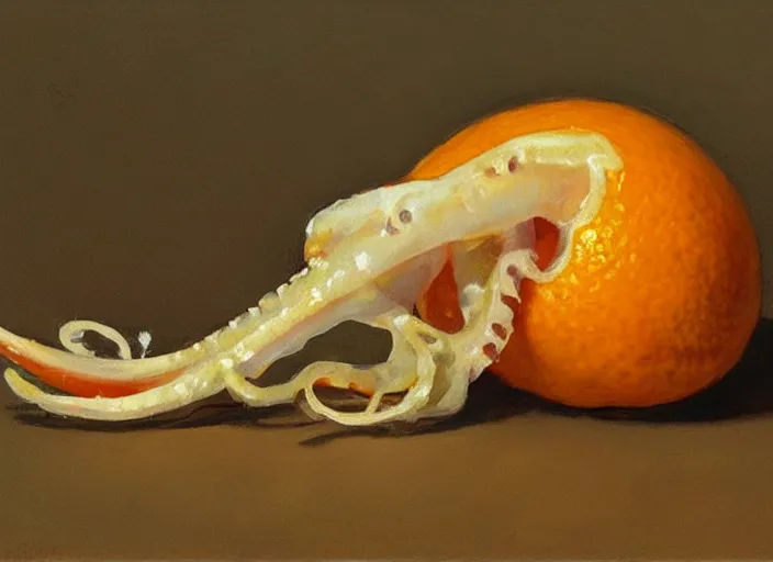 Image similar to “ a highly detailed beautiful portrait of a squid peeling an orange, by gregory manchess, james gurney, james jean ”