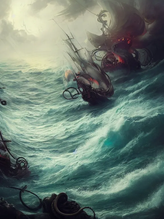 Prompt: photo of 8k ultra realistic kraken fighting pirate ship at sea, heavy storm, raging waves, full of colour, cinematic lighting, battered, trending on artstation, 4k, hyperrealistic, focused, extreme details,unreal engine 5, cinematic, masterpiece, art by Peter Mohrbacher