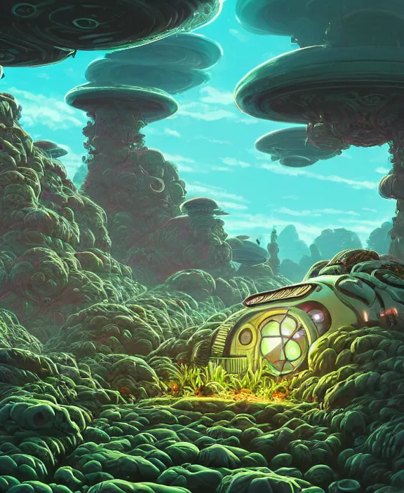 Image similar to a simple bunker made out of exotic fungus, overgrown with weird fungus and slime, spaceship, sci - fi, robots, noon, sun drenched, partly cloudy, by dan mumford, yusuke murata, makoto shinkai, ross tran, cinematic, unreal engine, cel shaded, featured on artstation, pixiv