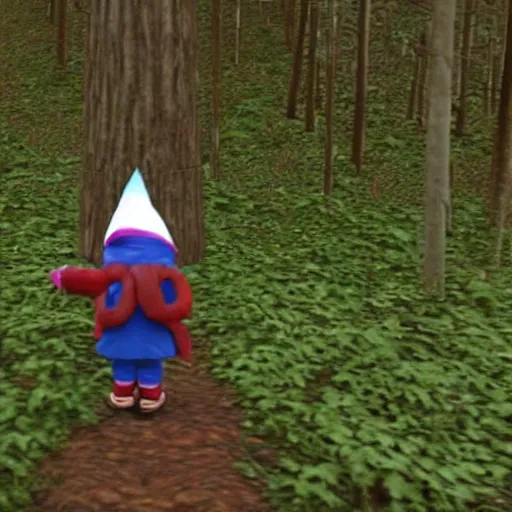 Image similar to bad quality screenshot of a leaked video of a small person dressed as gnome looking at me at a forest trail, photo taken from far away, night time, bright camera flash, camera shaking, disturbing, very scary, realistic, very disturbing, help me please im disturbed, ultrarealistic, 480p, scary