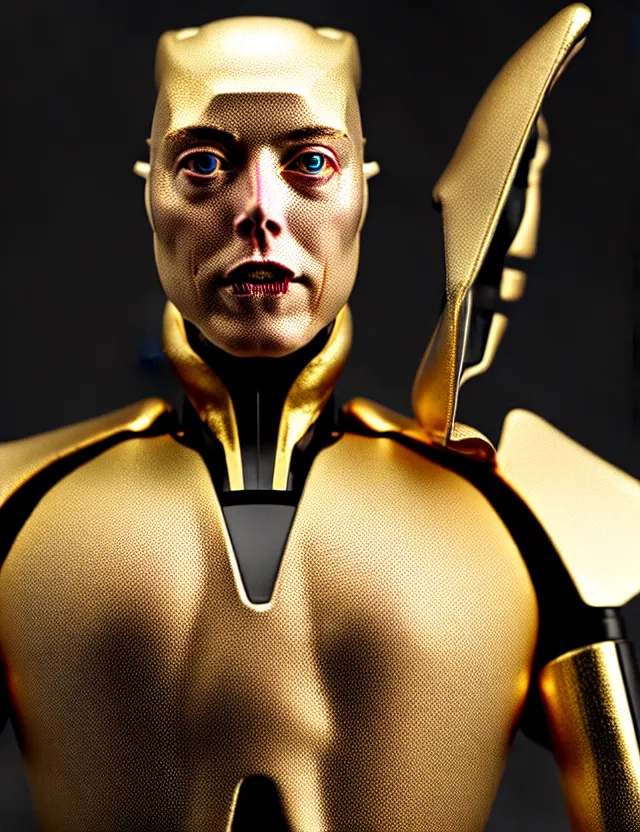 Prompt: complex 3 d render of a beautiful porcelain elon musk, gold and black blu, fractal veins. dragon cyborg, 1 5 0 mm, beautiful natural soft light, rim light, gold fractal details, fine lace, mandelbot fractal, anatomical, glass, facial muscles, elegant, ultra detailed, metallic armor, octane render, depth of field