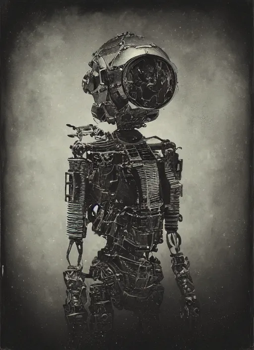 Image similar to old wetplate daguerreotype portrait of futuristic robot, dubbel negative exposure, explosion of data fragments, shallow dept of field, fractal, intricate, elegant, highly detailed, parallax, leica, medium format, subsurface scattering, by jheronimus bosch and greg rutkowski and louis jacques mande daguerre