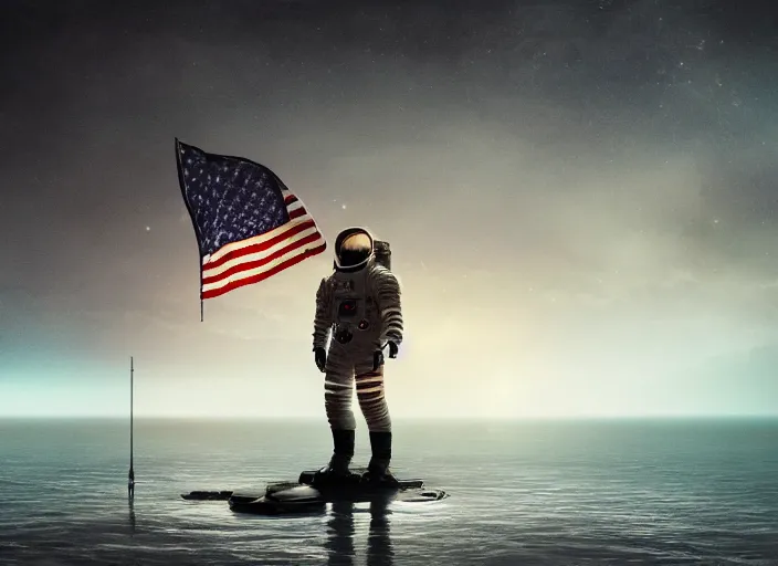 Image similar to astronaut holding a flag in an underwater desert. a submarine is visible in the distance. dark, concept art, cinematic, dramatic, atmospheric, 8 k, trending on artstation, blue, fish, low visibility, fog, ocean floor, christopher nolan, interstellar