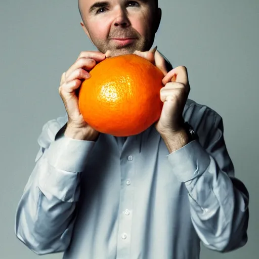 Prompt: award winning photograph of Karl Pilkington holding an orange, on the cover of a magazine, Hasselblad photograph, soft focus, f1.2, soft focus