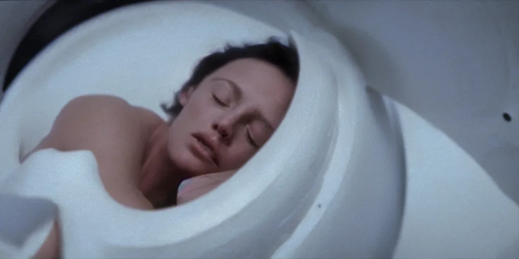 Prompt: a close-up of Ripley sleeping inside an all-white cryogenic sleeping capsule by Ridley Scott, Alien movie, grainy, bluish and cream tones