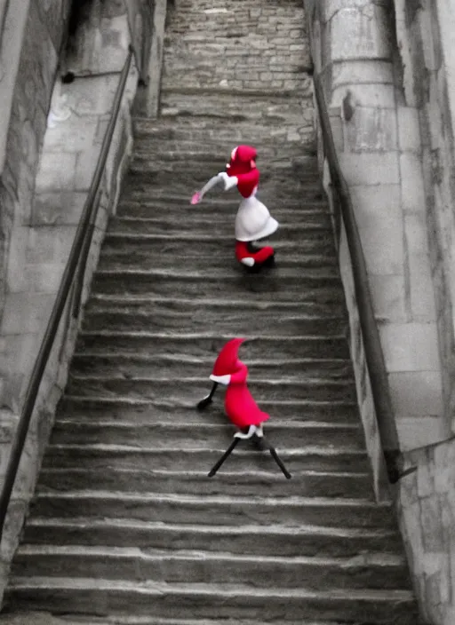 Image similar to charming elf girl climbing the stairs to the cathedral, anime still, Madhouse Animations