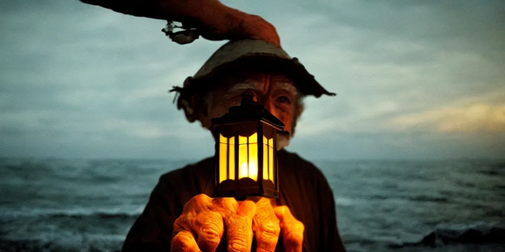 Image similar to film still of closeup old man holding up lantern by his beach hut at night. pirate ship in the ocean by emmanuel lubezki