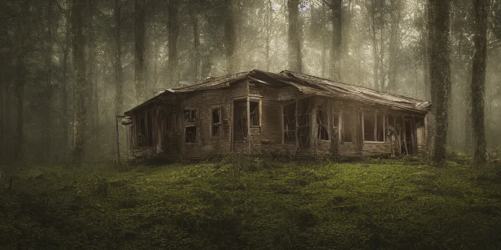 Image similar to an abandoned and decrepit wooden house in a lush forest, architectural photography, dark and dim lighting, beautiful, tranquil, moody, cinematic, fantasy, 3 5 mm lens, volumetric lighting, first person view, photographic render, hyper realistic