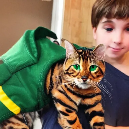 Prompt: a brown-haired boy and a bengal cat each dressed as the green arrow