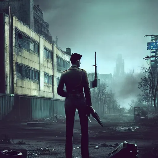 Image similar to fallout 4, charismatic david bowie, portrait, outdoors ruined cityscape, atmospheric lighting, painted, intricate, volumetric lighting, beautiful, daytime, sunny weather, slight overcast, sharp focus, deep colours, ultra detailed, by leesha hannigan, ross tran, thierry doizon, kai carpenter, ignacio fernandez rios