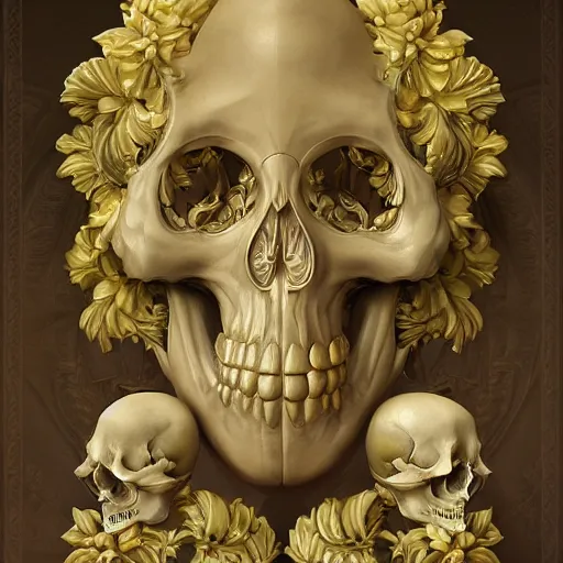 Prompt: beautiful classical holy decorative ornament, sacred ceremonial skulls, acanthus scrolls, lilies, ivy, anatomy, energy, geometry, magnolia, bones, petals, stems, fibonacci rhythm, artstation, art germ, wlop