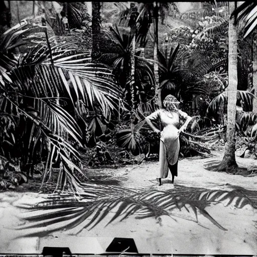 Prompt: a rizom lost film footage of a ( ( ( ( ( ( ( ( complex volume ) ) ) ) ) ) ) ) in the middle of the tropical jungle / tropicalism / tropicalism / tropicalism / film still / cinematic / enhanced / 1 9 2 0 s / black and white / grain