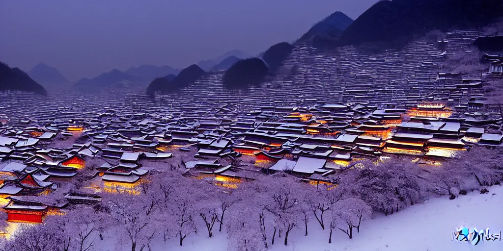 Prompt: chinese town in winter moonnight by masayasu uchida