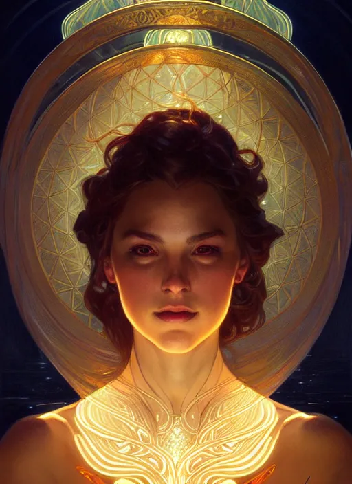 Image similar to symmetry!! portrait of water, glowing lights!! intricate elegant, highly detailed, digital painting, artstation, concept art, smooth, sharp focus, illustration, art by artgerm and greg rutkowski and alphonse mucha